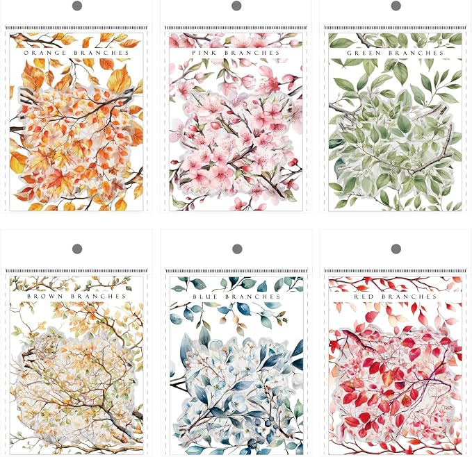 120 Pieces Botanical Colorful Branches PET Stickers, 6 Pack Aesthetic Background Decorative Stickers for Scrapbooking, Journaling, Creative Journal Supplies, and DIY Crafts