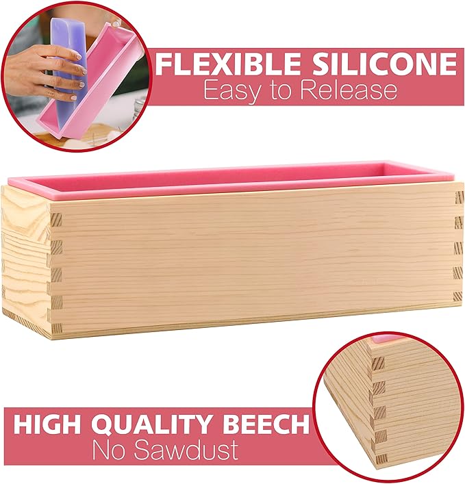 Lerykin 2 pcs Rectangular Soap Molds Kit with Cutters - 42oz Flexible Silicone Loaf Soap Mold with Wooden Box, Stainless Steel Wavy & Straight Scraper for Homemade Craft Soap Making Supplies