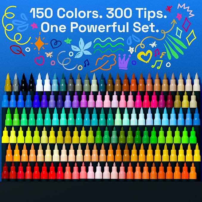 ARTISTRO 150 Acrylic Dual-Tip Glass Marker Pens for Wine Glasses | Brush + Fine Tips Vibrant Dual Tip Paint Pens for Party Charms, DIY, Craft - Art and Craft Supplies for Adults, Teens, Kids