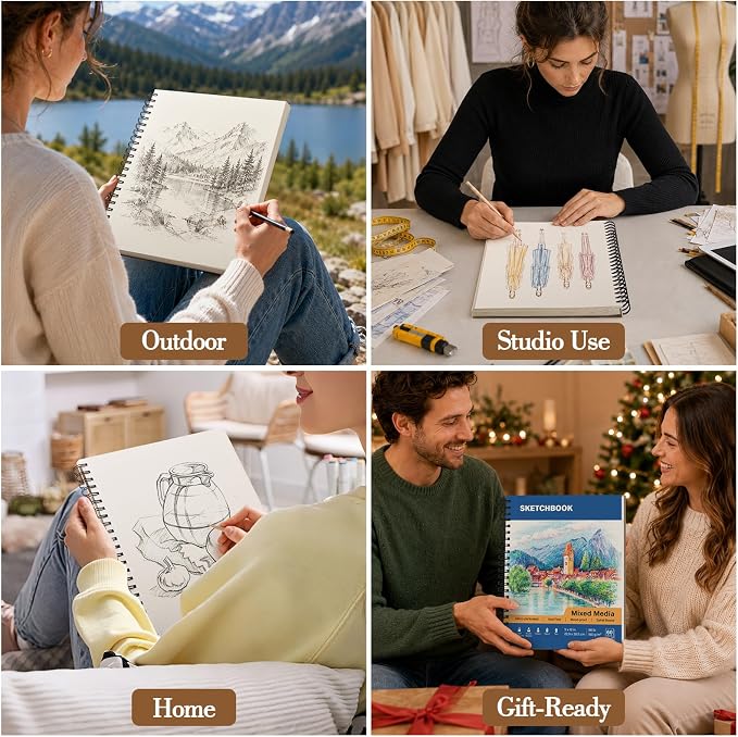Mixed Media Sketch Book 9" x 12": 98lb/160gsm Spiral Drawing Pad, 2 Pack