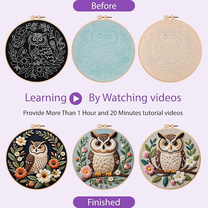 Uniartfy 3 Sets Embroidery Kit for Beginners with Owl Flower Pattern, Hand Needlepoint Kits for Adults, Embroidery Starter Kits with Hoops, Step by Step Video & Instructions, DIY Cross Stitch Kit