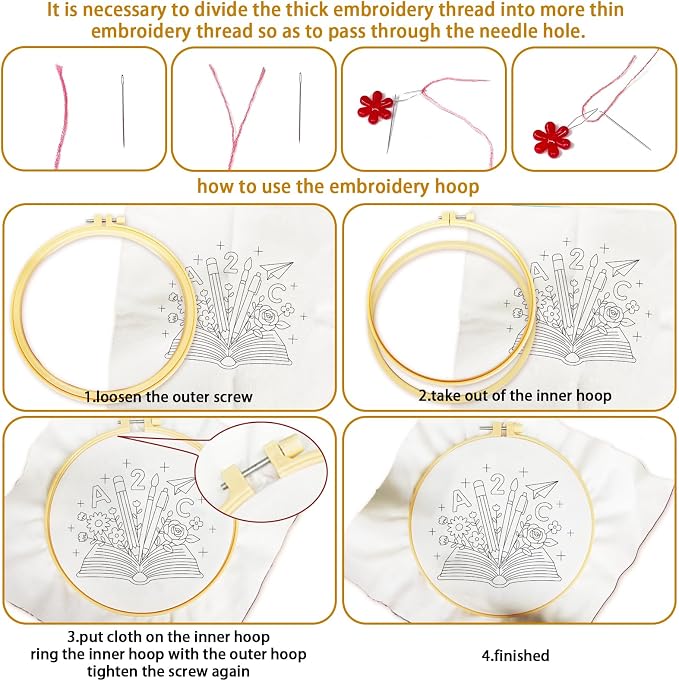 BEUNITONE 6 Set Embroidery Kit for Beginner Adults, Books & Flowers Cross Stitch Set with Stamped Pattern Hoops Threads Cloth Needles, Embroidery Starter Kit for Gifting and Home Decoration