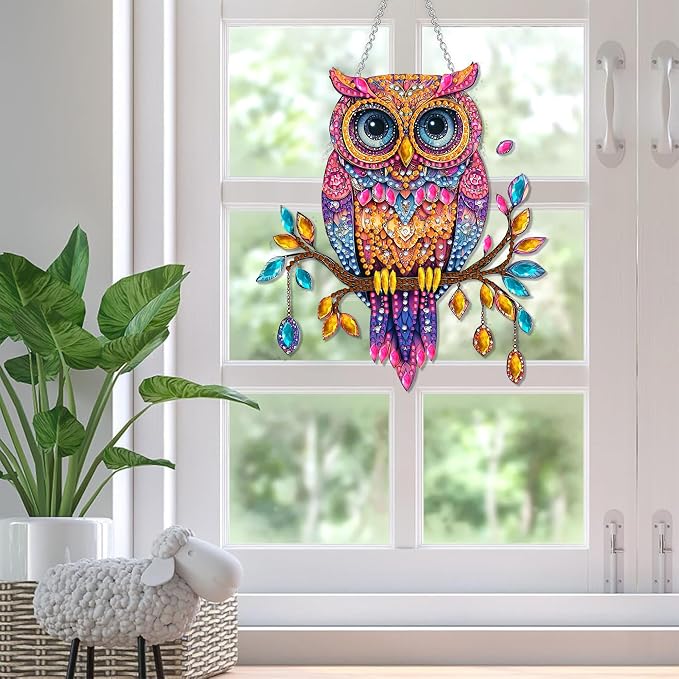 SKRYUIE Owl Hanging Pearl Diamond Art Kits for Adults Suncatcher A12 | Special Shaped Crystal DIY Hanging Diamond Painting Kit, Gift for Mother Spring Summer Window Wreath Decor 7.49 x 6.7 Inch