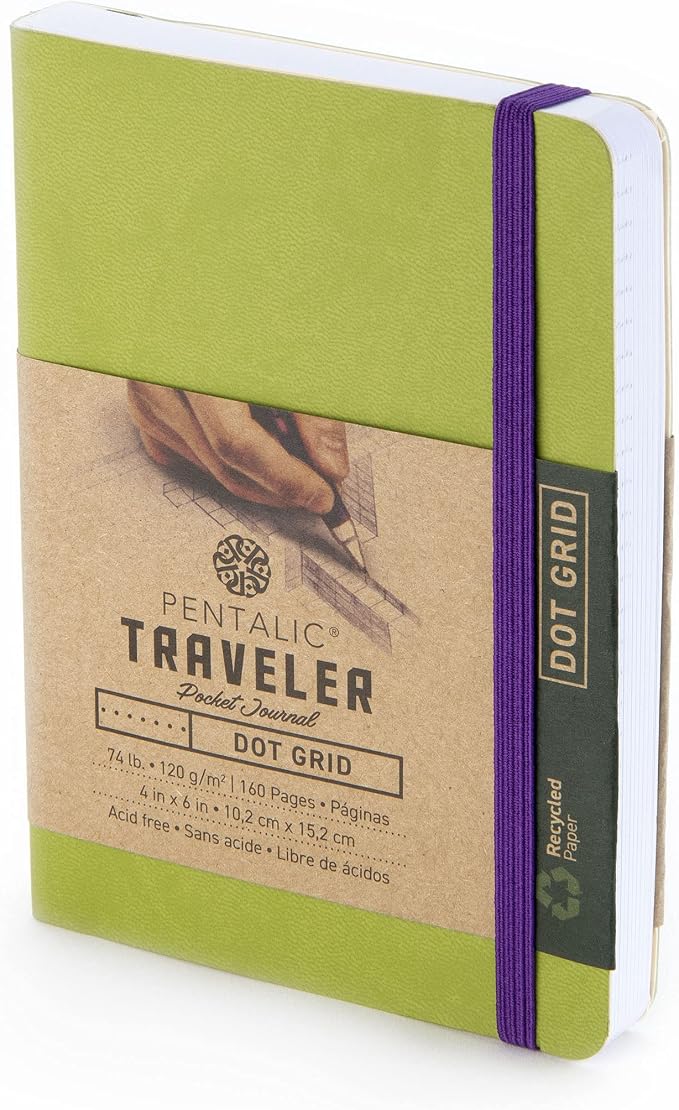 Pentalic 4 x 6" Pocket Dot Grid Traveler Journal, 160 Pages, Olive Green