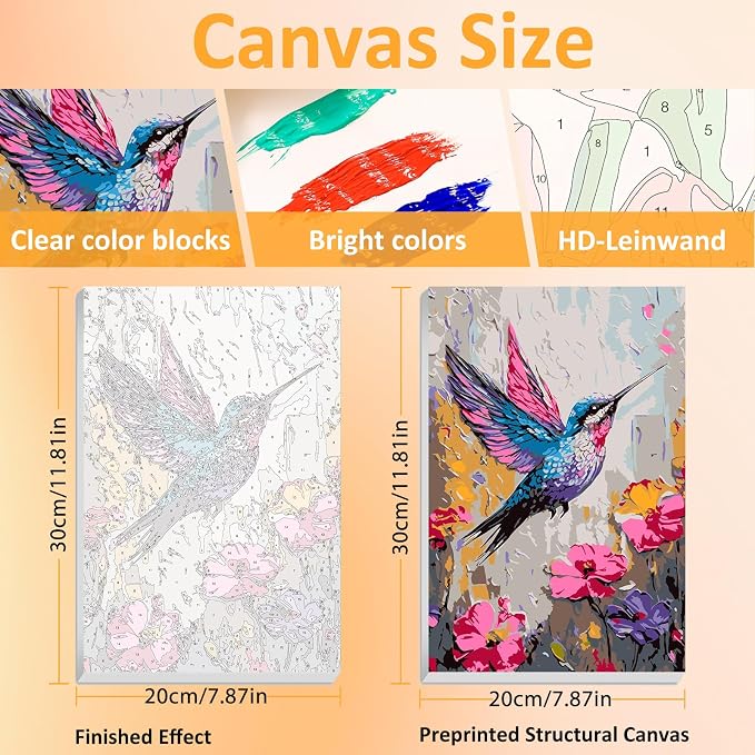 Mandun Hummingbird Paint by Numbers Kit for Adults, 3 Pack, 7.8x11.8 inch | DIY Painting Kits Crafts for Adults, Relieve Stress, Frame Canvas, Wooden Easel, Gift Box, Home Wall Decor