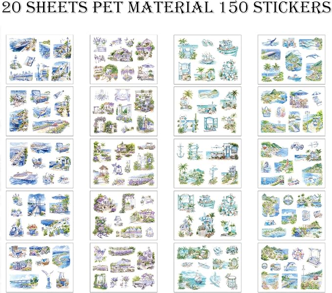 20 Sheets PET Beach Scrapbook Stickers 150 Pre-Cut Summer Stickers for Scrapbooking Transparent Sticker for journaling Junk journaling Supplies