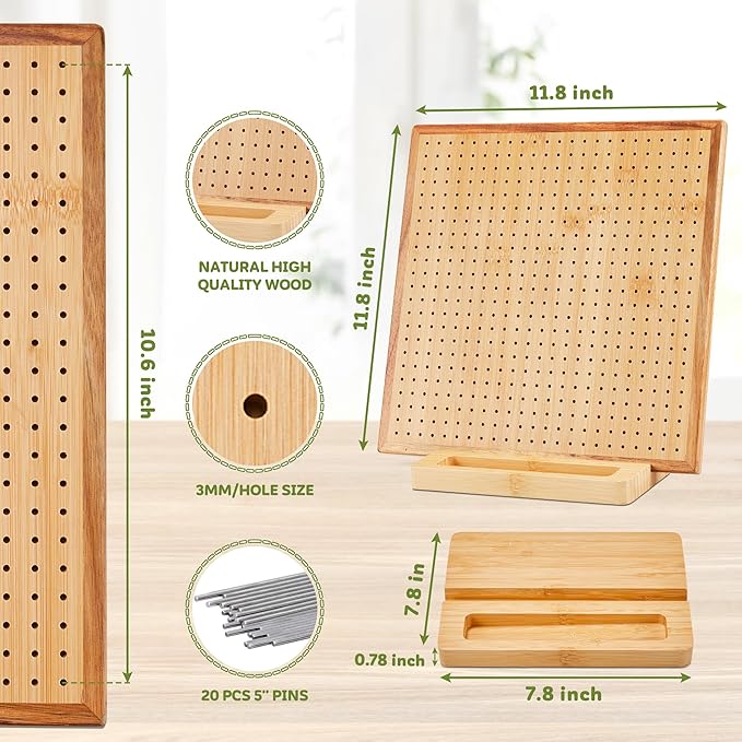 11.8" Crochet Blocking Board & 20 Pins Pegs,Granny Square Blocking Board | For Crochet Projects, Bamboo Blocking Boards for Crocheting and Knitting, Wooden Gifts for Crocheter
