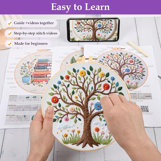 Uniartfy 3 Set Embroidery Kit for Beginners, Butterfly Tree Book Patterns