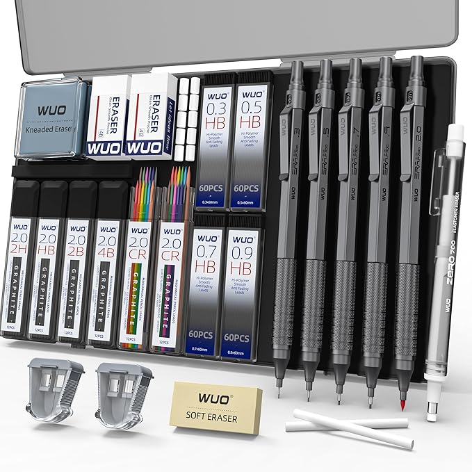 WUO Mechanical Pencil Set, 5 Pack Drafting Pencils 0.3/0.5/0.7/0.9/2.0mm