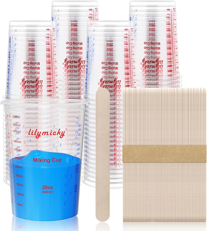 100 Pack Plastic Mixing Cups, 20 oz Measuring Cups with 100 Mixing Sticks