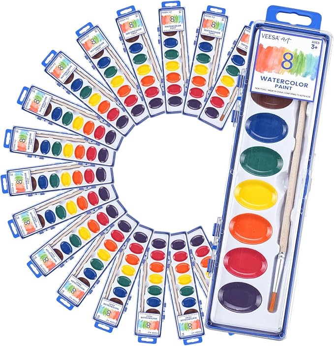 Washable Watercolor Paint Set for Kids, 24 Pack, 8 Colors | with Wood Brushes, Non-Toxic, for Classroom, Party Favors & Homeschool