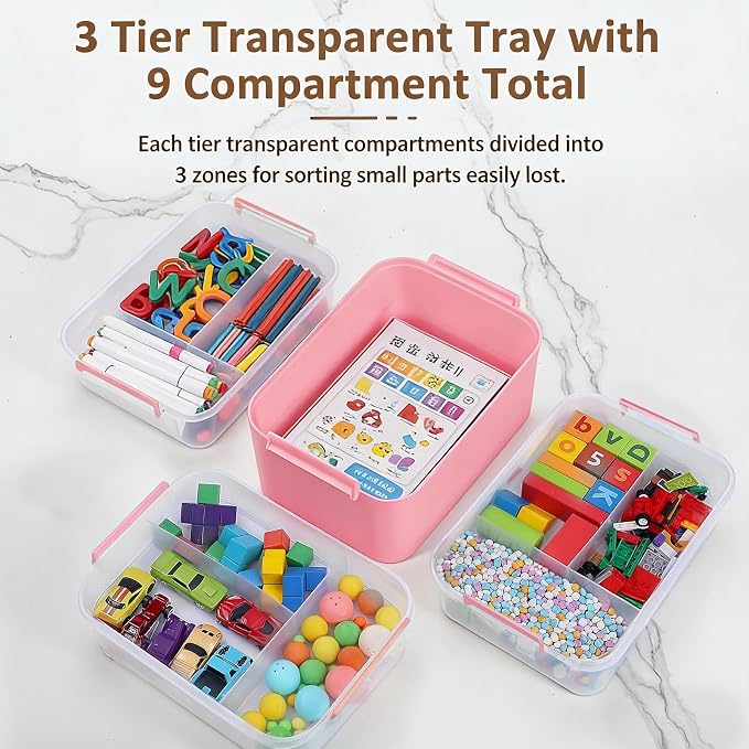 Gifhomfix 4-Layer Plastic Craft Organizers and Storage Box with Removable Trays, Storage Containers with lids and Handle, Art Supply Storage Organizer for Organizing Bead, Sewing, Tool（Pink）