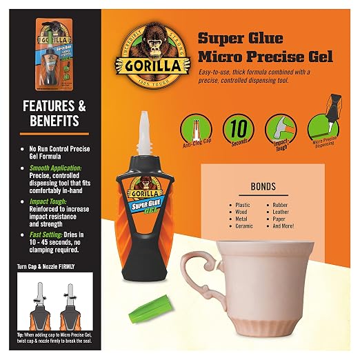 Gorilla Micro Precise Super Glue Gel, Clear, Cyanoacrylate, 5.5g, 2-Pack