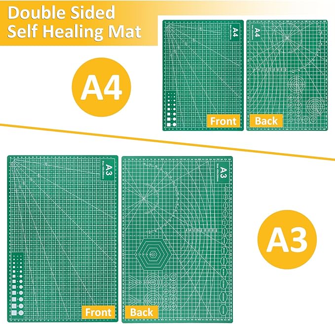 2 Pcs Large Cutting Mat Self Healing,Double Sided,Grid Line And Angles Help To Cut Precisely,Craft Mats for Scrapbooking, Quilting, Sewing and All Arts,Non Slip & Easy Clean ((A3 & A4 Green)