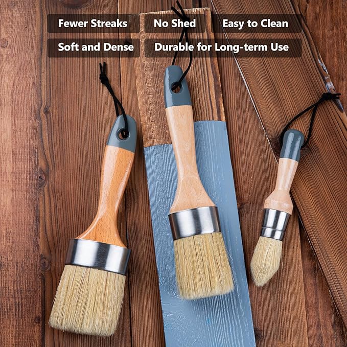 Mister Rui Chalk Wax Paint Brush 3 pcs, Large Wax Brush for Furniture | Stencil Brushes for All in One Paint Acrylic Paint, Cabinets, Natural Bristles, 1 Small Round Brush and 2 Large Oval Brushes