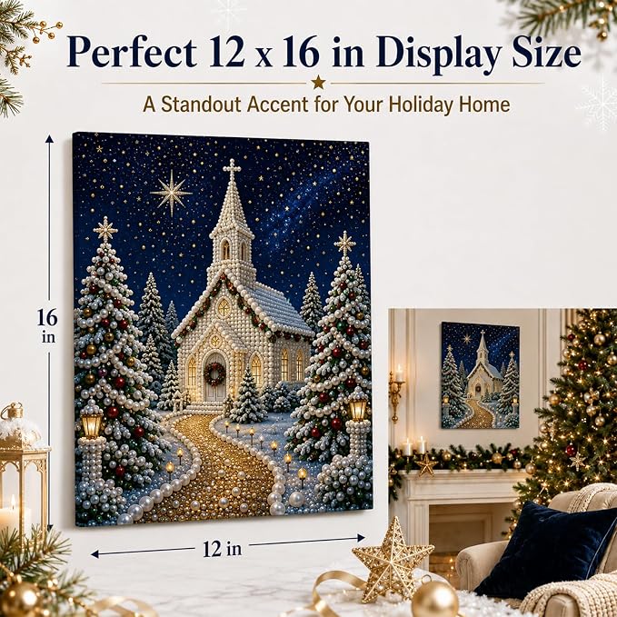 DIY Christmas Pearl Diamond Painting Kit, 5D Pearl Art Craft for Adults and Beginners, Christmas Church and Jesus Wall Decor, Holiday Gifts, 12 x 16 Inch (Church Design D)