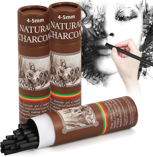 Gueevin 50 Pcs Soft Willow Charcoal Sticks Drawing,4-5mm | For Artists Beginners Students, Vine Charcoal Bulk for Sketching Shading Fine Art, Assorted Sizes, Back to School Gifts