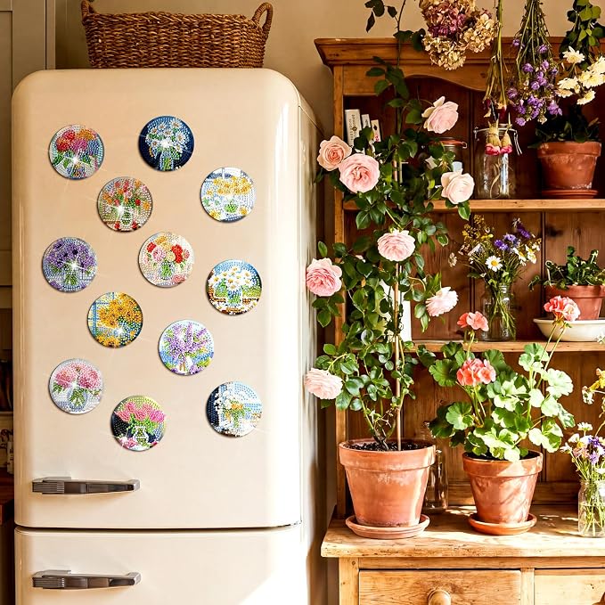 Zonon 12 Pcs Wildflower Bouquet Diamond Art Refrigerator Magnets | Flowers Diamond Painting Kits for Adults,Floral Magnet Stickers,Lavender Sunflower Daisy Crystal Art Ornaments,DIY Craft Gift