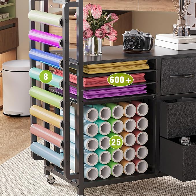 VENNQD Large Craft Organizer and Storage Rolling Cart Compatible with Cricut Machine with Fabric Drawers Vinyl Roll Holder Accessories for Home Craft Workstation Room (Black)