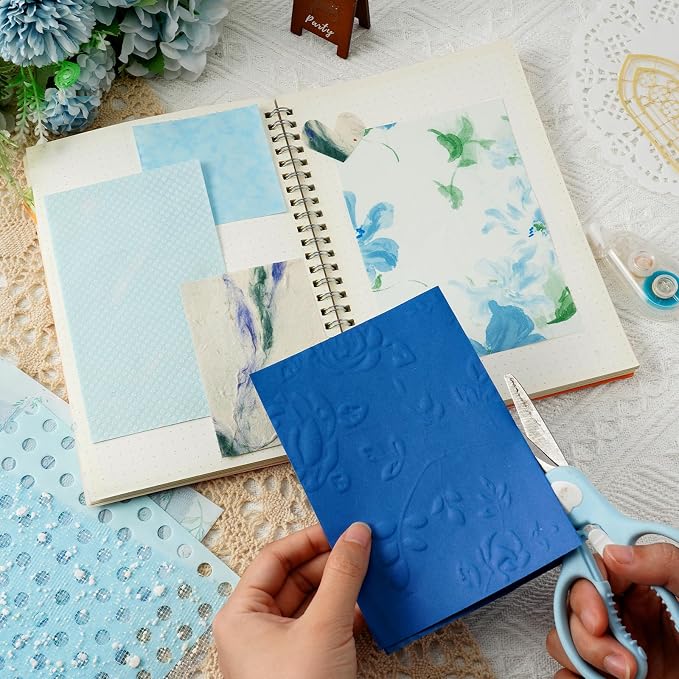 50 Sheets Unique Handmade Textured Scrapbook Paper & Mesh Fabric Set - Junk Journal Supplies Craft Paper for Scrapbooking Journaling Supplies for Junk Journal Retro Crafts（Blue）