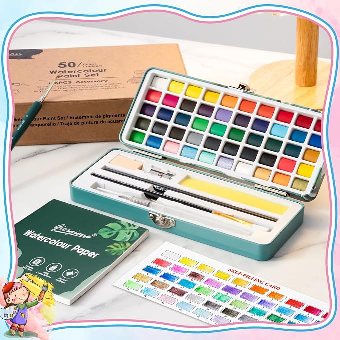 Prudiut Watercolor Paint Set, 50 Colors with Paper, Brushes & Palette | Highly Pigmented Colors, Portable Box, Beginner Friendly, For Sketching, Calligraphy & Travel Art