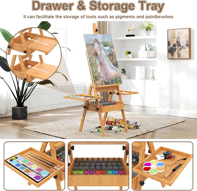 Large Beech Wood H-Frame Easel, Professional Painting Easel with 2 Palette | Multi-Function Studio Easel, Professional Foldable Artist Easel Stand for Painting, Holds Canvas Art up to 36"