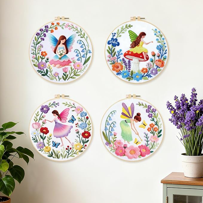 BEUNITONE 4 Set Fairy Patterns Embroidery Kit for Beginners 7.9"x7.9" DIY Complete Needlepoint Kits for Adults, Cross Stitch Starter Kit with Hoops and Instructions, Handmade Gifts for Home Decor