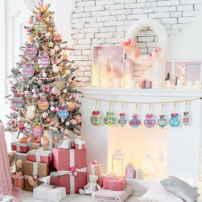 Tondiamo 20 Pcs Christmas Diamond Painting Keychain Kits 5D DIY Diamond Art Pendants Double Sided Hanging Key Chains for Christmas Party Decoration DIY(Macaron)