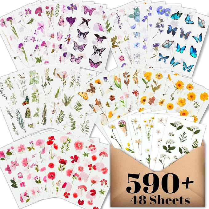 Arme Scrapbook Flower Stickers Floral Stickers(590 PCS, 48 Sheets)