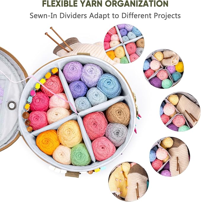 Canvas Yarn Storage Organizer with Removable Dividers, Crochet&Knitting Bag | Expandable canvas yarn organizer with removable dividers, yarn feed holes, project storage and multiple tool pockets