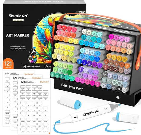 Shuttle Art Brush Tip Alcohol Markers, Dual Tip Brush & Fine Tip Art Marker Set, 121 Colors Marker Pens with Organized Case Perfect for Illustration Kids Students Adults Coloring Sketching