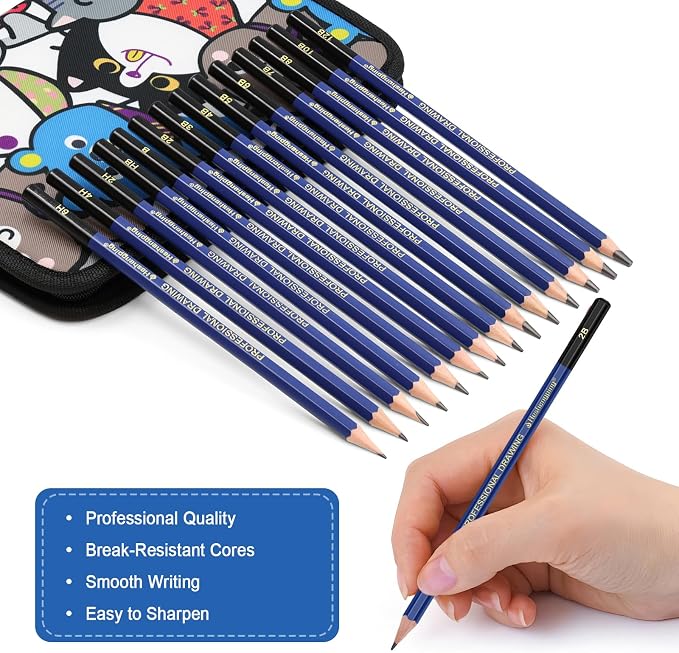 25 Pack Sketching Pencil Set with Cartoon Case, Graphite Drawing Pencils Kit with Charcoal, Blending Stumps & Erasers, Professional Art Supplies for Artists, Beginners, Shading