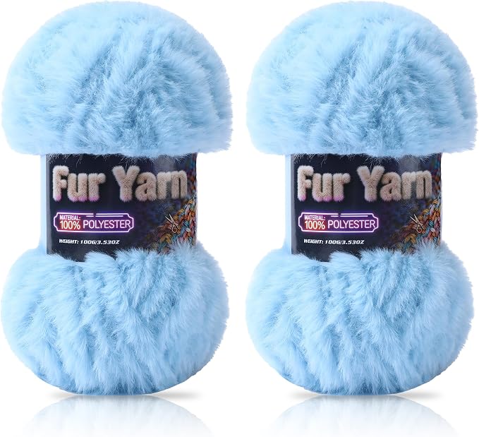 Faux Fur Yarn Soft Fluffy for Crocheting - 2 Skeins(Each 3.5oz/100g, 71yd/65m) - Chunky & Fluffy Yarn for Crochet Amigurumi, Blankets, Hand Knitting, Scarves &Crafts (2, Light Blue)