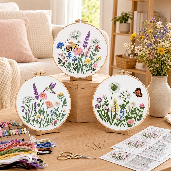 Nuberlic Embroidery Kit for Beginners, 3 Pack Floral Stamped Embroidery Starter Kit with Hoop, Pre Printed Flower Patterns, Threads, Needles and Step by Step Instructions, DIY Needlework Gift