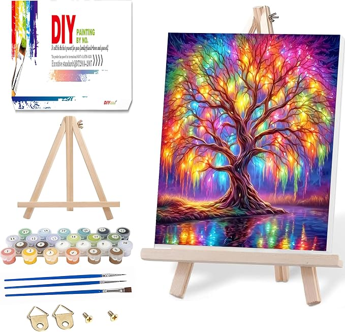 Ausanrl Tree of Life Paint by Numbers with Frame Wooden Easel-Tree Paint by Number Adult,Paint by Numbers Framed Canvas,Adult Paint by Number Kits on Canvas Framed Gifts and Home Wall Decor 12x16inch