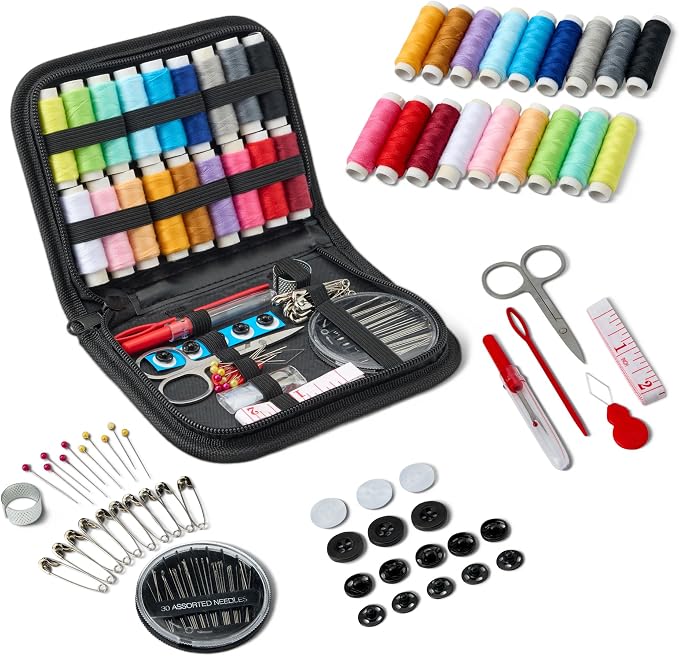 Amazon Basics Portable Travel Sewing Kit for Adults, Includes Threads, Needles, Scissors, Buttons, Thimbles, Measuring Tape, Threader, Seam Ripper and Safety Pins, Black