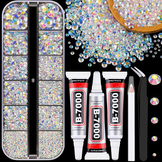 Resin Jelly Rhinestones for Crafting with B7000 Jewelry Glue, 1 Box Transparent AB Flatback Crystal with 3Pcs 10ml Glue, Bedazzling Non Hotfix Gems for DIY Tumblers Clothing Shoes Manicure
