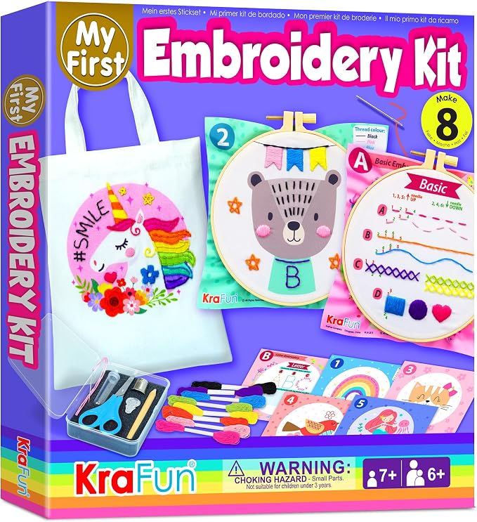KRAFUN My First Embroidery Kit for Kids & Teens Age 8+ | 8 Projects