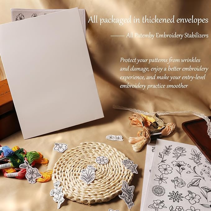 Patemby Embroidery Pattern Water Soluble Embroidery Stabilizers, Stick and Stitch Embroidery Paper Wash Away with Pre-Printed Pattern Designs Stencils Transfers for Hand Sewing Lover Beginner