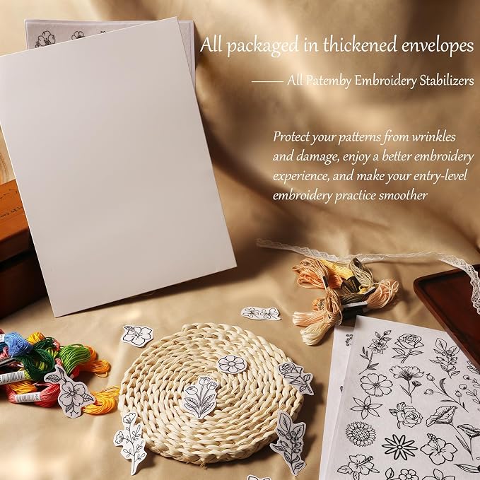 Patemby Embroidery Pattern Water Soluble Embroidery Stabilizers, Stick and Stitch Embroidery Paper Wash Away with Pre-Printed Pattern Designs Stencils Transfers for Hand Sewing Lover Beginner