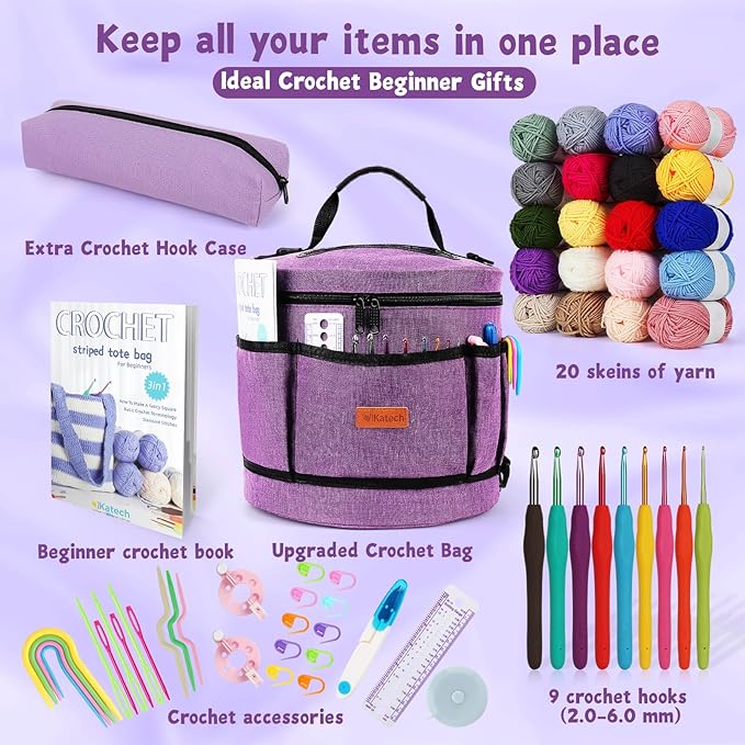Katech Crochet Kit for Beginners, Adults, Kids Includ Everything You Needed | Crochet & Knitting Kits Includes Crochet Hooks,Large Storage Bag,Soft Yarn, Instruction Compelet Crochet Supplies-Ideal Gift