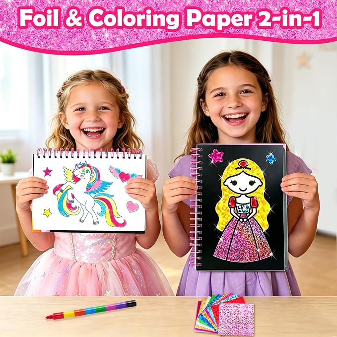 FUNNYB&G Foil Art Craft Kit for Kids, Sparkly Birthday Gift Toy for Girls | No Mess, Kids Ages 4-10 Create Sparkling Artwork, A Creative Gift for Birthdays, Holidays, Travel Activities,Screen-Free Fun