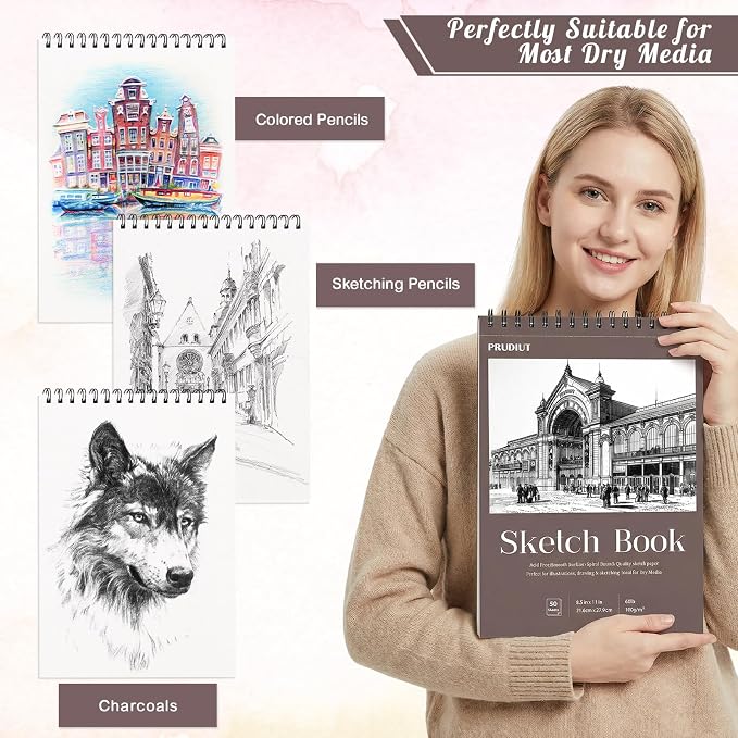 3 Pack Sketch Book 8.5 × 11 in, Spiral Bound, 50 Sheets Each | 68Lb/100gsm Acid-Free Paper, Perforated Pages, Sturdy Backboard, for Pencil Charcoal Pastel And Pen