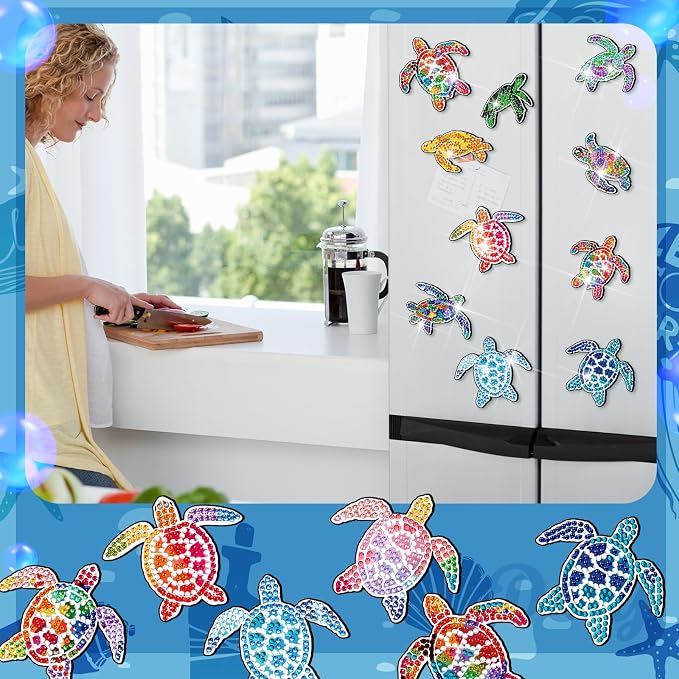Remuuly 30 Pcs Turtle Diamond Painting Magnets Beach Diamond Art Magnet Kit | Ocean Animal Diamond Art Kits for Adults, 5D Rhinestone Refrigerator, Fridge Magnetic Sticker, Diamond Club Gifts, DIY Crafts