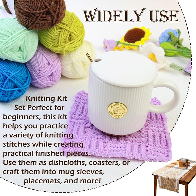 Lewhoo Knitting Kit for Beginners, 6 Patterns Dishcloth Learn to Knit Kit | Step-by-Step Instruction,Complete Knit Starter Kit -Including Yarn, Knitting Needle&Accessories