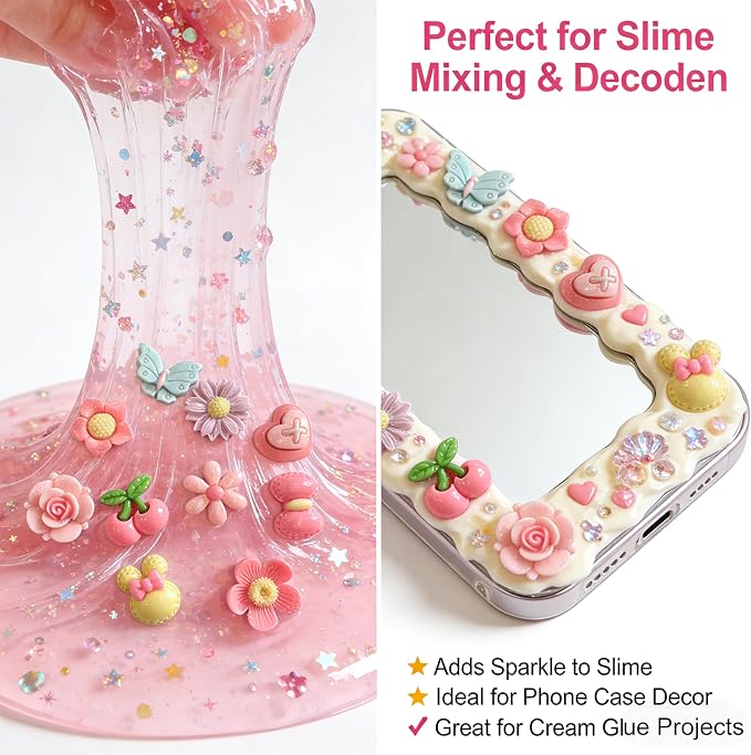 100Pcs Shimmery Pink Solid Resin Charms for Slime - Flatback DIY Cream Glue Accessories, Kawaii Embellishments for Phone Case Decor, Scrapbooking, Jewelry Making, Hair Clips - Random Mixed Styles
