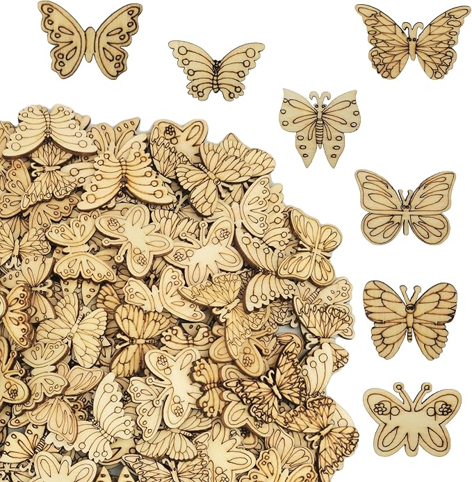 DIYOMR 200Pcs Unfinished Wood Pieces Hollow Wooden Art Decor, Vintage Embellishments Decorative Accessories for Scrapbooking Crafts DIY Home Decor (Butterflies)