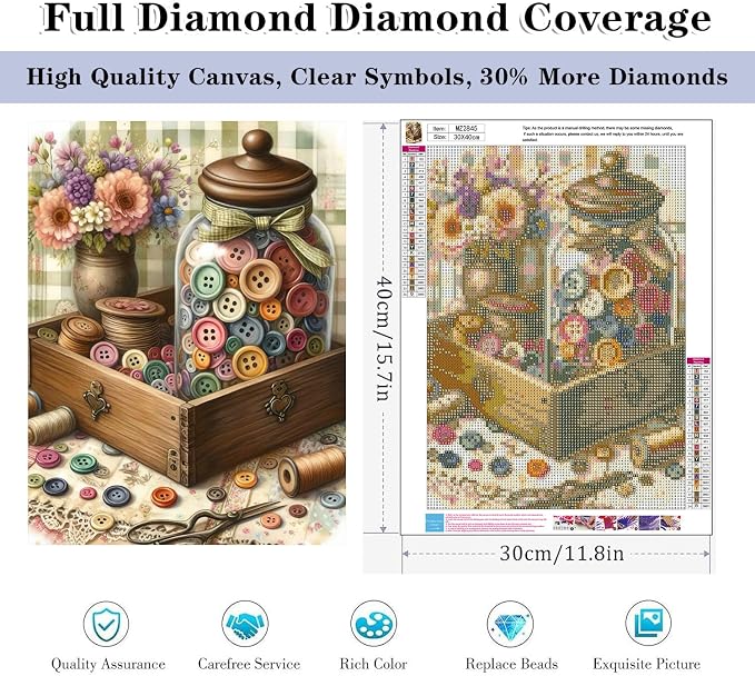 HHMATITS Vintage Sewing Button Diamond Art Kits for Adults 12x16IN