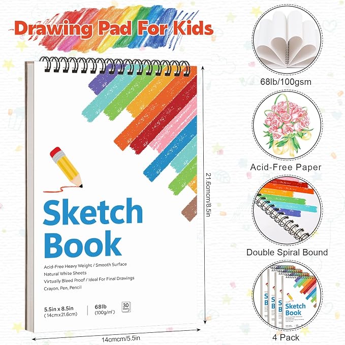 4 Pack Small Sketch Books for Kids, Spiral Bound, Acid-Free Drawing Paper | 5.5 × 8.5in Spiral Sketch Pad, 360° Lays Flat, Portable Size for School, Travel, Daily Sketching & Back to School Gift