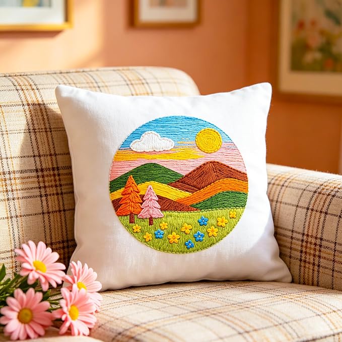BEUNITONE 4 Set Embroidery Kit for Adults Beginner with Hoops & Instruction | Easy to Learn Landscape Stamped Embroidery Patterns, Includes Multiple Accessories, Gift for Craft Lovers Relaxation